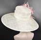 Church Kentucky Derby HatCarriage Tea Party Wedding Wide Brim  Royal A Hat  Sinamay Hat Off White /Ivory w Candy  Pink Feather Flower