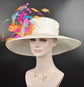 Wide Brim Sinamay Hat Church Kentucky Derby Hat Carriage Tea Party Wedding Hat Feather Flower Off White w Fuchsia Orange Teal Blue Turquoise