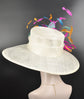 Wide Brim Sinamay Hat Church Kentucky Derby Hat Carriage Tea Party Wedding Hat Feather Flower Off White w Fuchsia Orange Teal Blue Turquoise