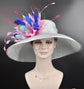 Powder Blue w Fuchsia Hot Pink  Pink Turquosie Feather Flower Kentucky Derby Hat Tea Party Carriage Party  Royal AscotWide Brim  Sinamay Hat