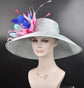 Powder Blue w Fuchsia Hot Pink  Pink Turquosie Feather Flower Kentucky Derby Hat Tea Party Carriage Party  Royal AscotWide Brim  Sinamay Hat