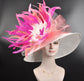 Church Kentucky Derby Hat Wide Brim Sinamay Hat  Carriage Tea Party Wedding  White w Pink Coral Pink Hot Pink Peach feather Flower