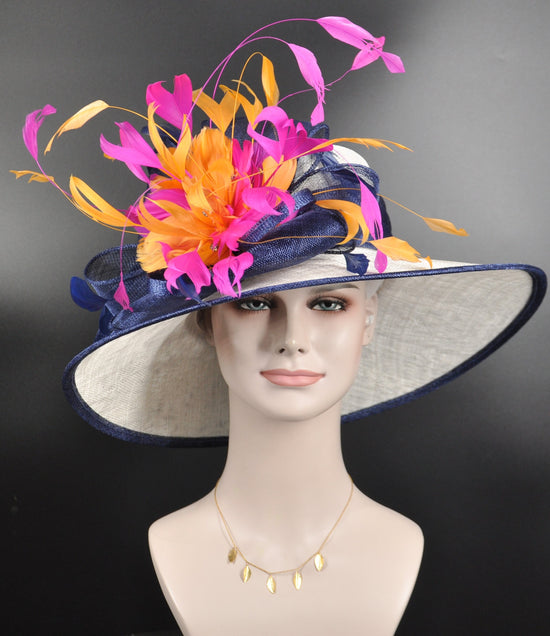 White w Navy Blue Orange Fuchsia Wide Brim Sinamay Hat Church Kentucky Derby Hat Tea Party Wedding Hat Horse Race Oaks day hat Pink Day Hat