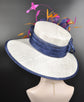 White w Navy Blue Orange Fuchsia Wide Brim Sinamay Hat Church Kentucky Derby Hat Tea Party Wedding Hat Horse Race Oaks day hat Pink Day Hat