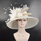 Church Kentucky Derby Hat Carriage Tea Party Wedding Wide Brim  Royal  Hat  Sinamay Hat Off White /Ivory w Taupe Feather Flower