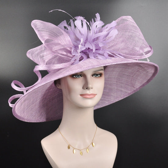 Church Kentucky Derby Hat Carriage Tea Party Wedding  With Jumbo Feather Flower and Bows Wide Brim Sinamay Hat Lilac