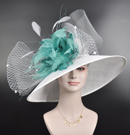 White with  Aqua Gray Feather Flowers and Crin Kentucky Derby,Tea Party Carriage Party  Royal AscotWide Brim  Sinamay Hat