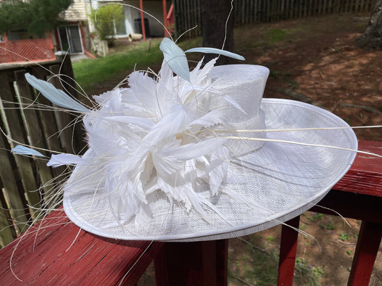 White Wide Brim Sinamay Hat w Feather Flower and  Powder Blue Feathers  Kentucky Derby Hat Tea Party Carriage Party  3 Layers 5.5~6.25"