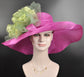 Fuchsia/Hot Pink w Green Jumbo Silk Flower, Kentucky Derby hat, Church hat, Wedding hat, Tea Party hat , Floppy Wide Brim Sinamay Dress Hat