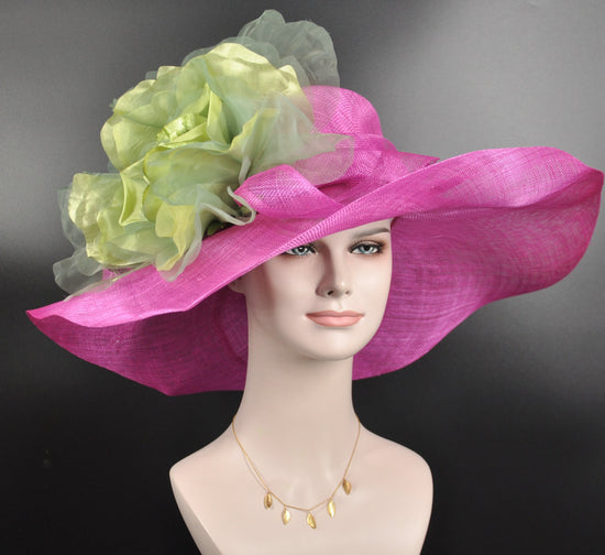 Fuchsia/Hot Pink w Green Jumbo Silk Flower, Kentucky Derby hat, Church hat, Wedding hat, Tea Party hat , Floppy Wide Brim Sinamay Dress Hat