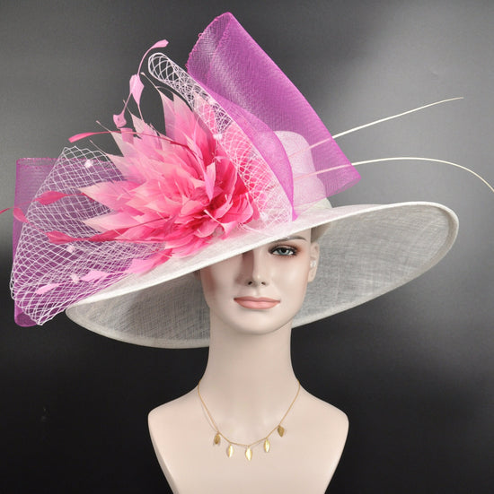 Royal Ascot Horse Race Oaks day hat Carriage Tea Party Wedding Kentucky Derby Hat Easter Day Wide Brim Sinamay Hat White  Hot Pink Fuchsia