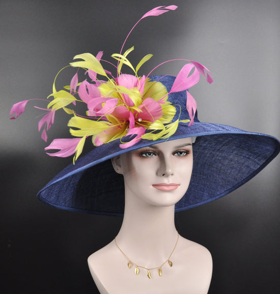 Navy Blue with Hot Pink Lime Green Feather Flowers Kentucky Derby Hat Tea Party Carriage Party Royal Ascot Oaks day hat