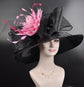 Black + Mix Pink Feather Flower Kentucky Derby Hat, Church hat, Tea Party Hat, Custom hat, Formal Hat, Wide Brim Sinamay w Organza Hat