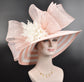 Blush Pink w White Feather Flowers Kentucky Derby Hat, Tea Party Hat Mother&