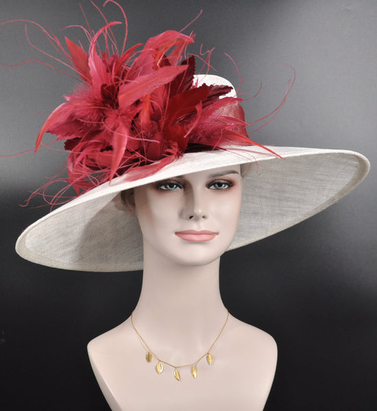 Church Kentucky Derby Carriage Tea Party Wedding Wide Brim  Royal Ascot Hat in Solid Sinamay Hat White with Burgundy