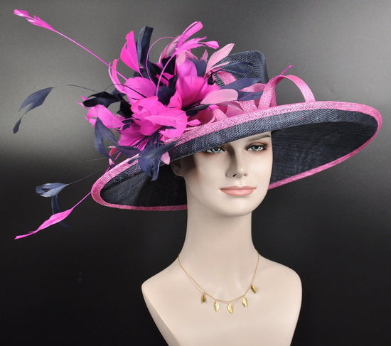 Church  Kentucky Derby Hat Carriage Tea Party Wedding Wide Brim Woman’s Royal Ascot Hat in Solid Sinamay Hat Navy Blue w  Fuchsia Hot Pink