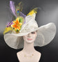 White Wide Brim Sinamay Hat Kentucky Derby Hat w Yellow lavender Green Purple  Lily Silk Flower Peacock Feathers  Wedding Hat, Easter Hat