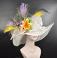 White Wide Brim Sinamay Hat Kentucky Derby Hat w Yellow lavender Green Purple  Lily Silk Flower Peacock Feathers  Wedding Hat, Easter Hat