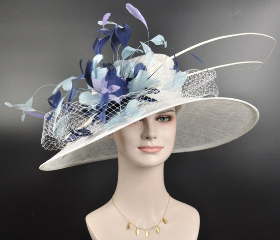 Wide Brim Sinamay Hat Church Kentucky Derby Hat Carriage Tea Party Wedding Hat  White w Navy Blue Powder Blue Lavender