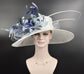 Wide Brim Sinamay Hat Church Kentucky Derby Hat Carriage Tea Party Wedding Hat  White w Navy Blue Powder Blue Lavender