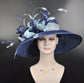 Navy Blue with Powder Blue Feather Flowers Kentucky Derby Hat,Tea Party Carriage Party  Royal AscotWide Brim  Sinamay Hat