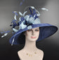 Navy Blue with Powder Blue Feather Flowers Kentucky Derby Hat,Tea Party Carriage Party  Royal AscotWide Brim  Sinamay Hat