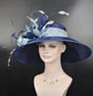 Navy Blue with Powder Blue Feather Flowers Kentucky Derby Hat,Tea Party Carriage Party  Royal AscotWide Brim  Sinamay Hat