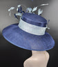 Navy Blue with Powder Blue Feather Flowers Kentucky Derby Hat,Tea Party Carriage Party  Royal AscotWide Brim  Sinamay Hat