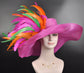 Hot Pink w Orange  Green Feathers Kentucky Derby Hat,  Tea Party Hat Wide Brim  Sinamay  Hat