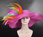 Hot Pink w Orange  Green Feathers Kentucky Derby Hat,  Tea Party Hat Wide Brim  Sinamay  Hat