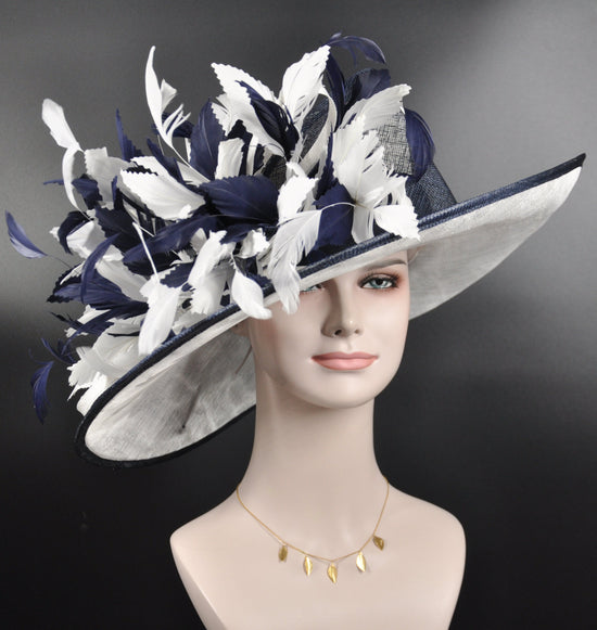 White w Navy Blue  Kentucky Derby Hat, Church Hat, Wedding Hat, Easter Hat, Tea Party & Feathers Upturned Wide Brim 5.5~6.25" Sinamay Hat