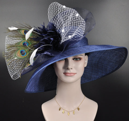 Church Kentucky Derby Hat Wide Brim Sinamay Hat  Carriage Tea Party Wedding  Navy Blue w White  Peacock Feathers