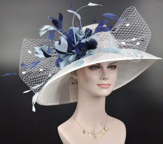 Church Kentucky Derby Hat  Carriage Tea Party Wedding Wide Brim  Royal Ascot Hat in Solid Sinamay Hat White w Navy Blue Powder Blue