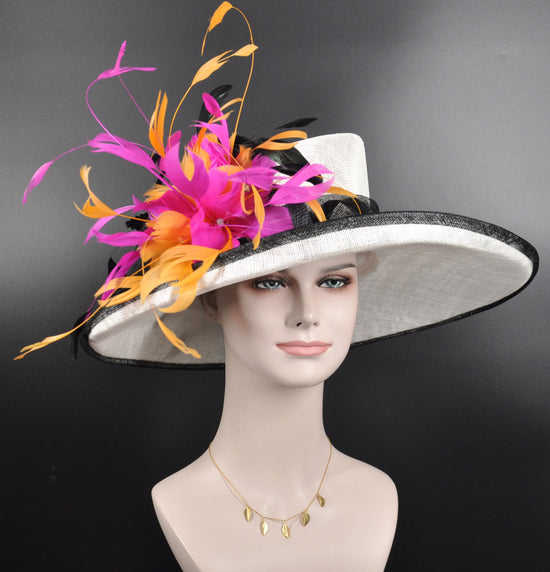 Church  Kentucky Derby Hat Carriage Tea Party Wedding Wide Brim Woman’s Royal Ascot Hat in Solid Sinamay Hat White Black Hot Pink w Orange