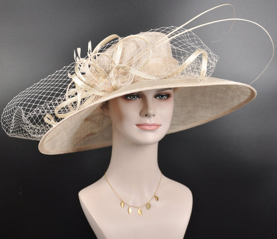 TH21009  Champagne Wide Brim Sinamay Hat Church Kentucky Derby Hat Carriage Tea Party Wedding  Royal Ascot Horse Race Oaks day hat