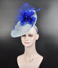 Powder Blue w IRoyal Blue White  Sinamay Disc Fascinator Hat with  Jumbo Goose Feather Flower and Silk Flower