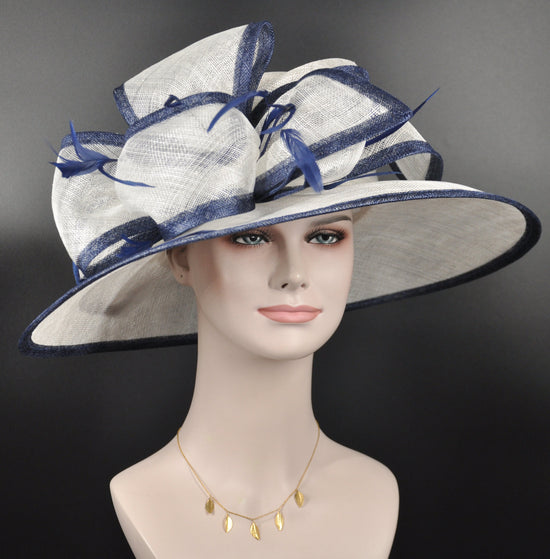 Church Kentucky Derby Hat Carriage Tea Party Wedding Wide Brim  Royal Ascot Hat in Solid Sinamay Hat White with Navy Blue