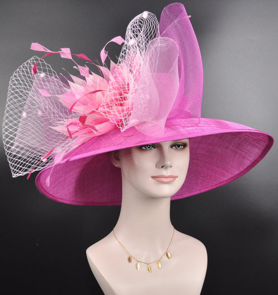 Wide Brim Sinamay Hat,Pink Day Hat,  Kentucky Derby Hat, Church hat, Tea Party Hat, Fashion Hat  Fuchsia Hot Pink  Pale Pink Feather Flower