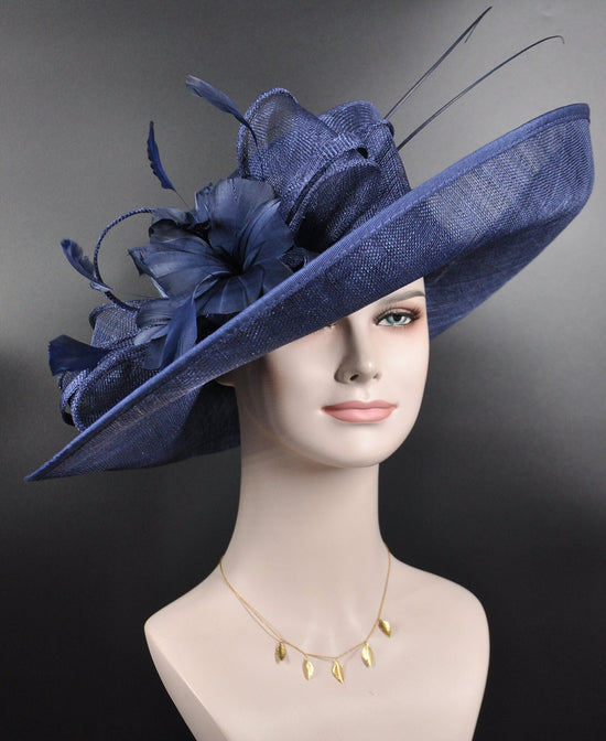 Church Kentucky Derby Carriage Tea Party Wedding Wide Brim  Royal Ascot Horse Race Oaks day hatNavy Blue ( More color options)