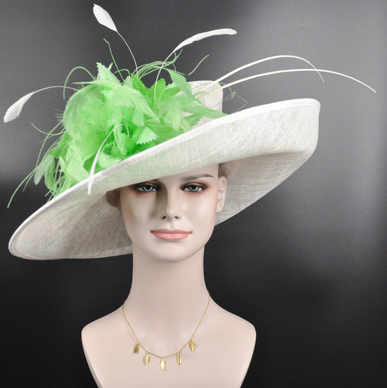 White Wide Brim Sinamay Hat w Apple Green Flower  Kentucky Derby Hat Tea Party Carriage Party  3 Layers