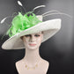 White Wide Brim Sinamay Hat w Apple Green Flower  Kentucky Derby Hat Tea Party Carriage Party  3 Layers
