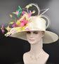 Ivory/Off White w Lime Green Hot Pink Kelly Green Yellow Wide Brim Sinamay Hat Church Kentucky Derby Hat Tea Party Wedding Hat Horse Race