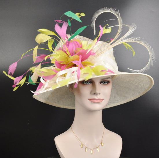 Ivory/Off White w Lime Green Hot Pink Kelly Green Yellow Wide Brim Sinamay Hat Church Kentucky Derby Hat Tea Party Wedding Hat Horse Race