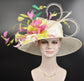 Ivory/Off White w Lime Green Hot Pink Kelly Green Yellow Wide Brim Sinamay Hat Church Kentucky Derby Hat Tea Party Wedding Hat Horse Race