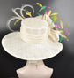 Ivory/Off White w Lime Green Hot Pink Kelly Green Yellow Wide Brim Sinamay Hat Church Kentucky Derby Hat Tea Party Wedding Hat Horse Race