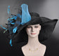 Black w Teal Blue Feather Flower Kentucky Derby Hat, Church Hat, Wedding Hat, Easter Hat, Tea Party Hat Wide Brim Sinamay  Hat