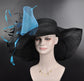 Black w Teal Blue Feather Flower Kentucky Derby Hat, Church Hat, Wedding Hat, Easter Hat, Tea Party Hat Wide Brim Sinamay  Hat