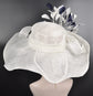 White w Navy Blue  Feather Flower Kentucky Derby Hat, Church Hat, Wedding Hat, Easter Hat, Tea Party Hat Wide Brim  Sinamay  Hat