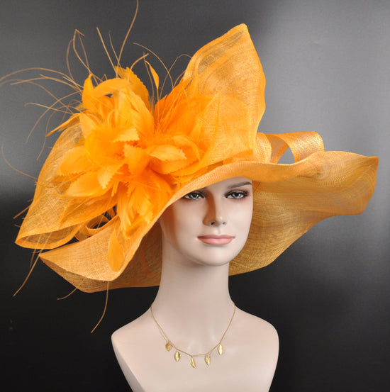 Orange w Feather Flower Jumbo Bow Kentucky Derby Hat, Church Hat, Wedding Hat, Easter Hat, Tea Party Hat