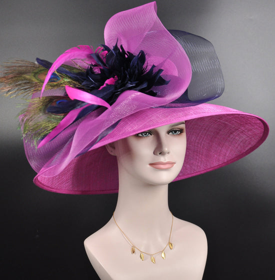 Church Kentucky Derby Hat Tea Party Wedding Wide Brim  Royal Ascot Hat in Solid Sinamay Hat Hot Pink w Navy, Peacock Feather